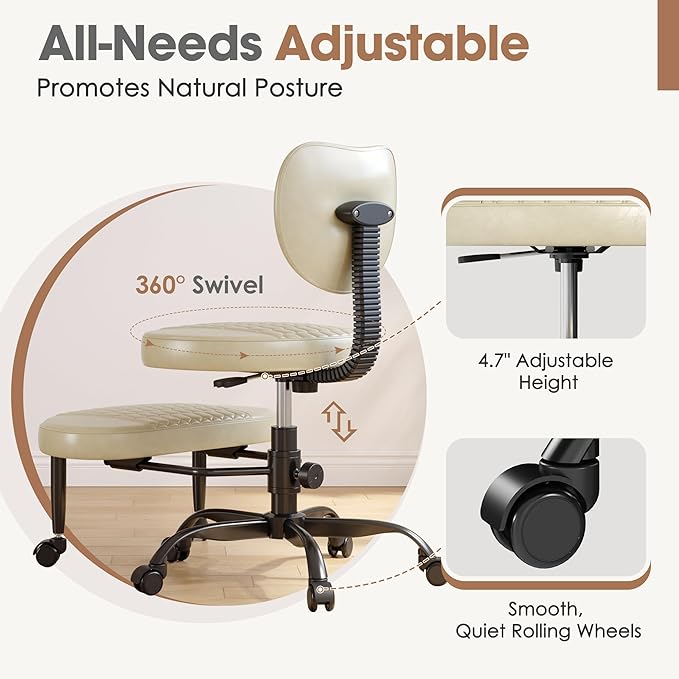 Anunweldo Cross Legged Office Chair, 360° Swivel ADHD Chairs for Adults, Height Adjustable Ergonomic Cross Legged Office Chair with Wheels, Wide Cross Legged Chair for Meditation, Yoga (Beige)