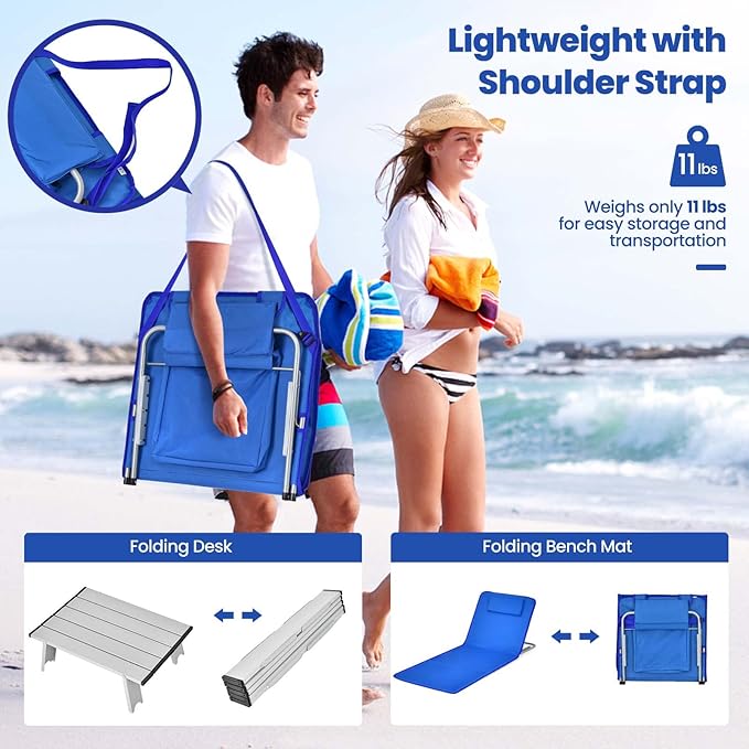 Nightcore 3-Piece Beach Chairs Set for Adults, Adjustable Lawn Chair with Side Table for Outdoor Relaxing & Sun Tanning, Portable & Folding Recline Chaise Lounge for Beach, Patio, Camping (Blue)