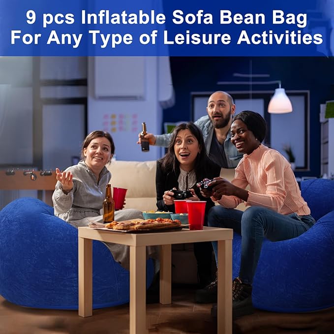 Realspring 9 Pcs Inflatable Bean Bag Chairs for Adults with Electric Air Pump, Blow up Couch Folding Portable Inflatable Couch Lazy Sofa for Outdoor Movie Nights Camping Room (Dark Blue)