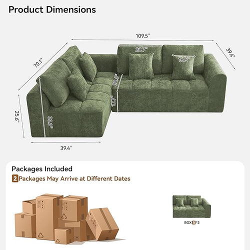 110''Modular Sectional Couches for Living Room, Cloud Boneless Compressed Sofa Left Facing Chaise, Oversized L Shaped 4 Seater Memory Foam Sofa, No Assembly, Chenille Green