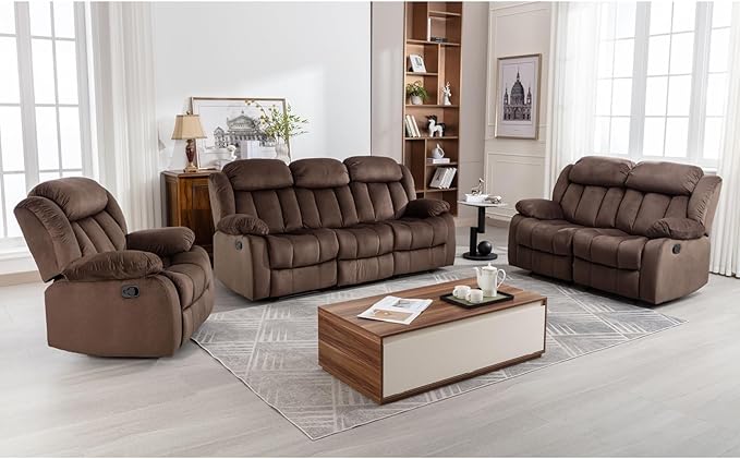 EBELLO Manual Recliner Sofa Set, Classic Reclining Couch Furniture Set for Living Room, Includes 1 Recliner Chair, 1 Loveseat Sofa and 1 3-Seater Couch, Brown