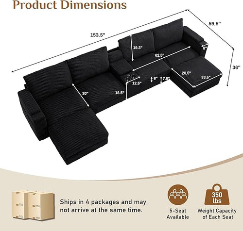 153" W x 60" D U Shape Sectional Sofa with USB Charging & Cup Holder & Storage, 6 Seater Plush Corduroy Couches with Movable Ottoman, Cloud Couch Sofas for Living Room, DIY Combination - Black