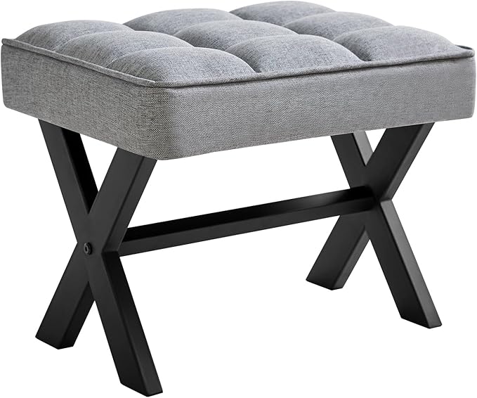 IBUYKE Small 12" H Footrest Stool, Square Linen Foot Stool with Metal X-Leg, Multi-Use as Small Side Table, Step Stool for Living Room, Bedroom, Entryway, Office, Blue Gray WBD011L