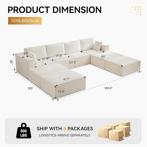 146'' Oversized Boneless Sofa Bed, 4 Seater Modular Sectional Couch with 4 Moveable Ottoman, No Asswmbly Corduroy Compression Sofas with Chaise for Home House, Beige