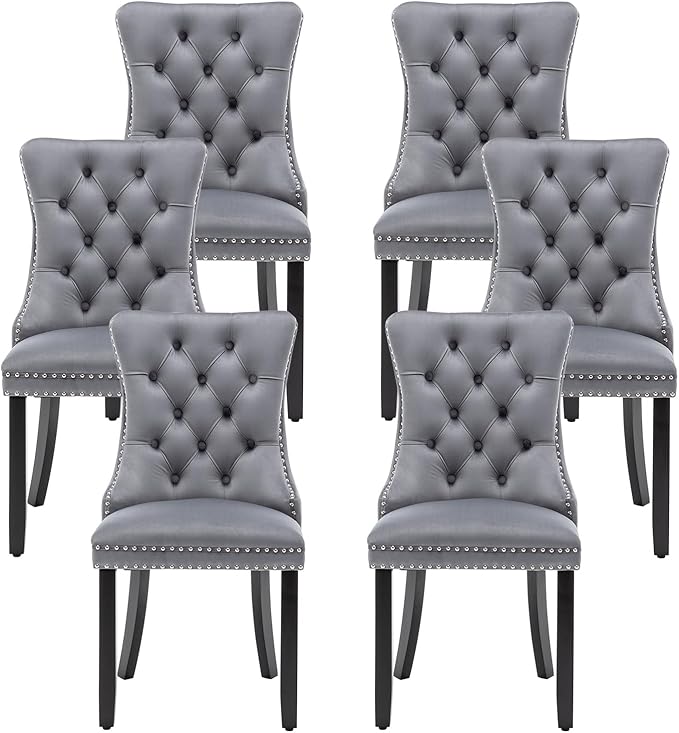 Kiztir Velvet Dining Chairs Set of 6, Upholstered Dining Room Chairs with Ring Pull Trim and Button Back, Luxury Tufted Dining Chairs for Living Room, Bedroom, Kitchen (Grey)