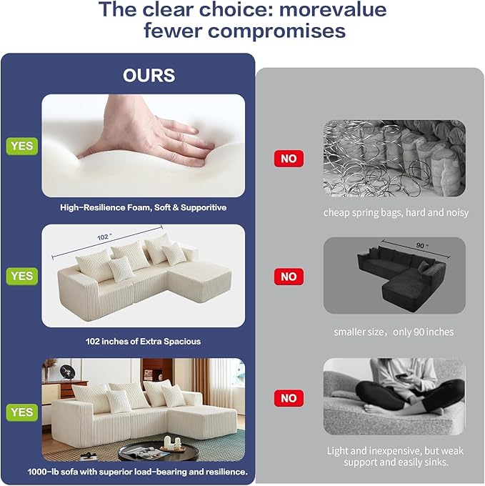 102" Sectional Couches for Living Room,Boneless Cloud Couch,L-Shaped Sofa with Oversized Deep Seat,Comfy Couch for Apartment,Compressed Sofa in a Box,No Assembly Required(Corduroy,Beige)