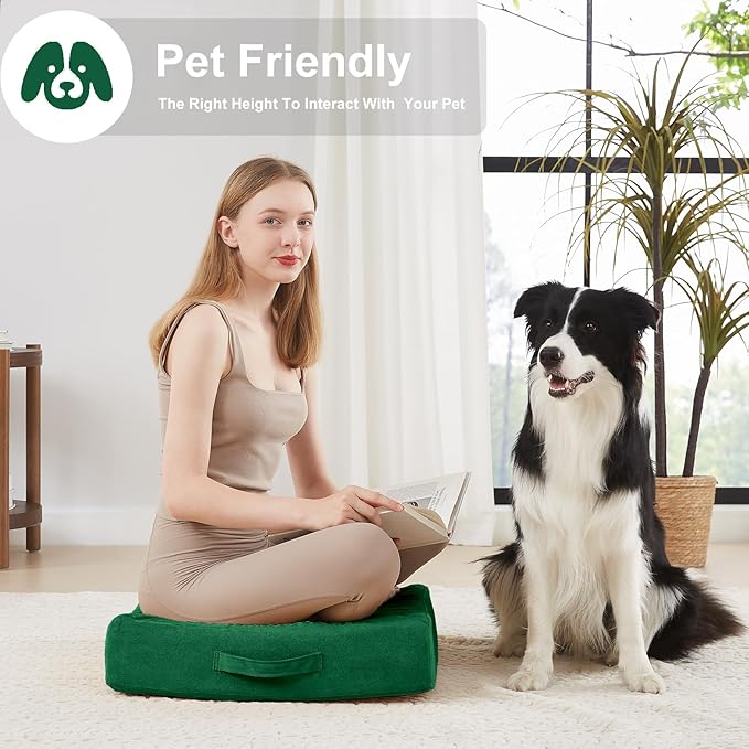 JKMAX 2 Pcs High Density Foam Floor Pillow - Upgraded Large Pillows Seating for Adults - Outdoor Floor Cushion with Soft Tufted Cover - Yoga Pillows for Sitting On Floor - 22 Inch Green