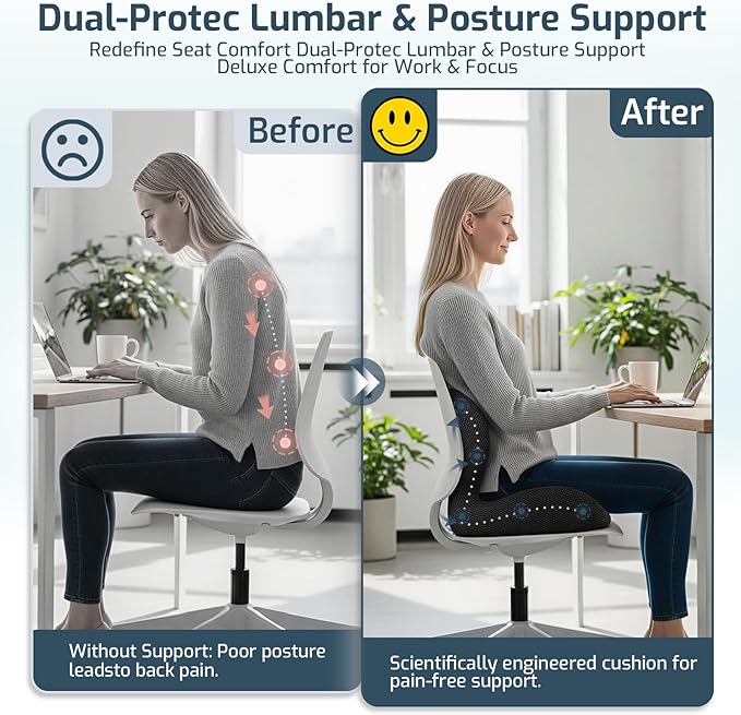 Office Chair Cushions with Lumbar Support Pillow, Soothe Back and Seat Cushion Memory Foam, Non Slip Adjustable Strap for Lower Back Pain Sciatica Relief Office Workers Car Drivers (Black+Mesh Cloth)