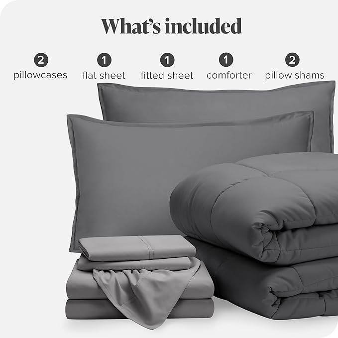 Bare Home Bed-in-A-Bag 7 Piece Comforter & Sheet Set - Full XL - Goose Down Alternative - Ultra-Soft 1800 Premium Bedding Set (Full XL, Grey/Light Grey)