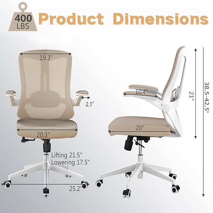 Ergonomic Office Chair - 400LB Comfy Desk Chairs with Lumbar Back Support, Mesh Computer Chairs with Wheels and Arms for Home Office, Study (Khaki-Without Headrest)