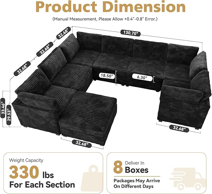 CAODOC Large 8 Seat Modular Sectional Sofa with Ottoman Seat Corduroy Sleeper Sectional Sofa Bed Oversized Convertible Modular Couch for Living Room