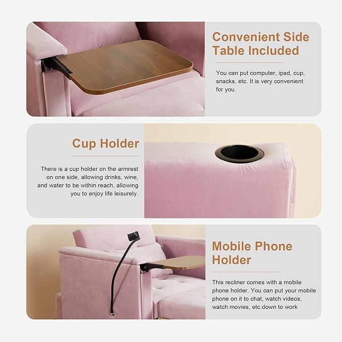 ORRD Convertible Chair Bed, 3-in-1 Multi-Functional Velvet Sleeper Sofa Pull-Out Couch Chair Bed with Adjustable Backrest and Hidden Side Table for Living Room, Small Space, Apartment (Pink)