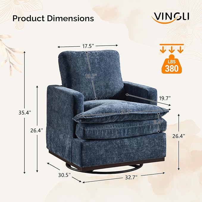 VINGLI 360° Swivel Mid-Century Modern Accent Armchair with Double-Layer Seat Cushions, Comfy Single Square Sofa, Upholstered Club Chair for Living Room,Bedroom, Reading Room, Chenille Blue