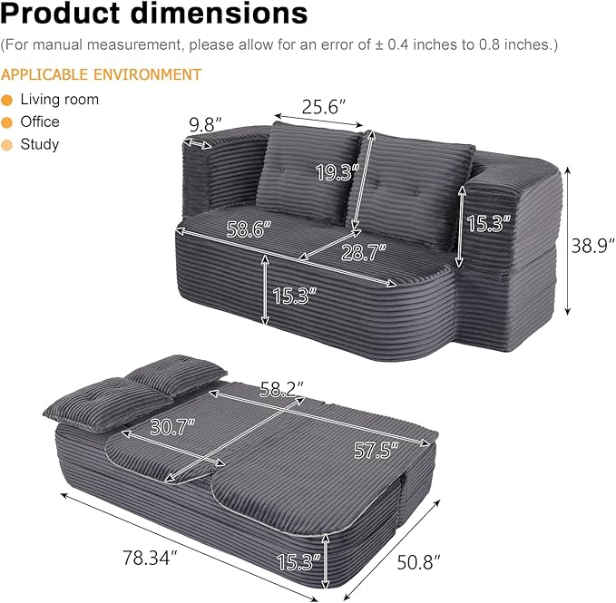 78.4" Convertible Sleeper Sofa Bed, Floor Couch Loveseat with Functional Blanket and 2 Soft Pillows,Corduroy Fabric Boneless Futon Couch for Living Room,Bedroom,Apartment (Dark Grey)