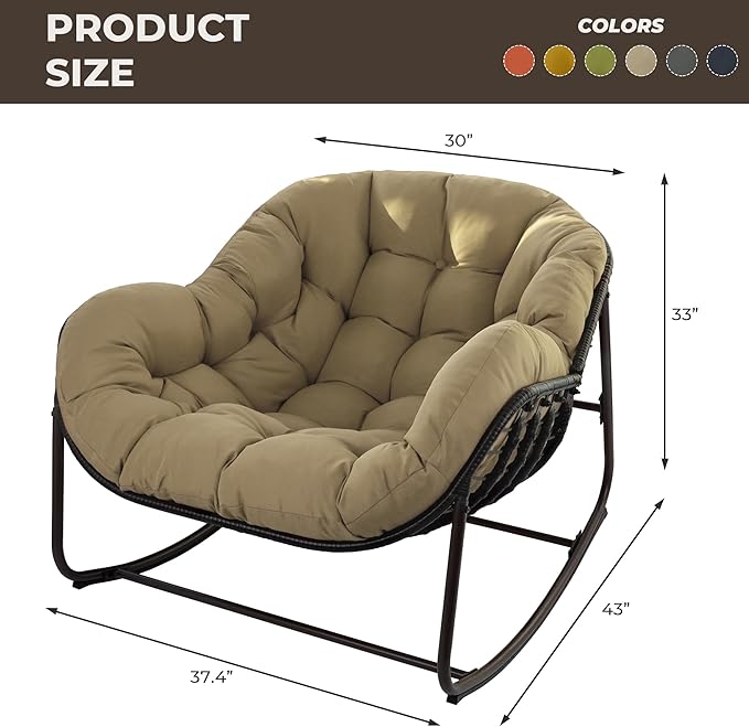 Sgentle Papasan Rocking Chair Outdoor, Oversized Patio Rocking Chair with Cushions & Steel Frame, Wicker Egg Lounge Chair Indoor, Comfy Reading Chair for Patio, Deck, Porch (Khaki, Style 1)