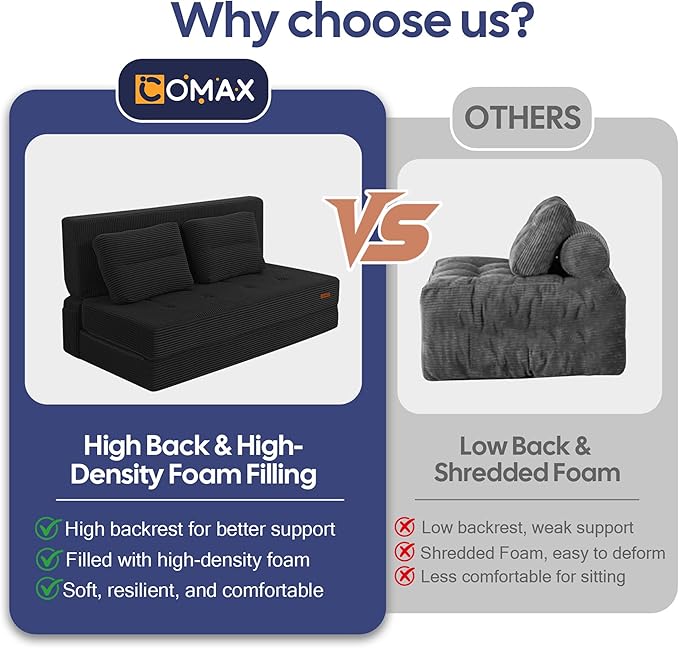 COMAX Folding Sofa Bed, Foldable Couch for Bedroom, Convertible Floor Sleeper Futon Chair Foam, Corduroy 3 in 1 Fold Out Chair Portable Comfy Lounge Couch Sofa Bed for Small Space, Full, Black