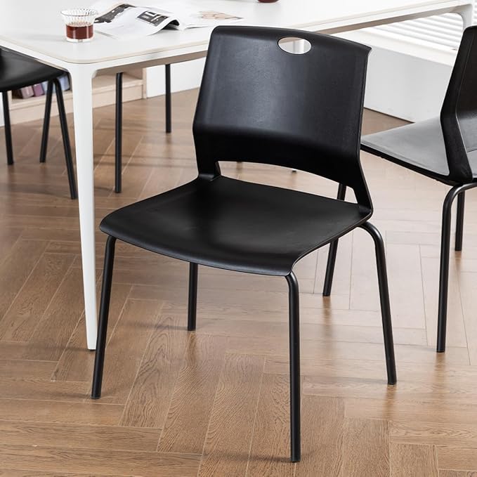 Black Stackable Chairs Set of 4, Modern Office Guest Chair Wide Seat, Stackable Dining Chairs, Plastic Chair for Conference Room, Church,Living Room, Waiting Room, Classroom.