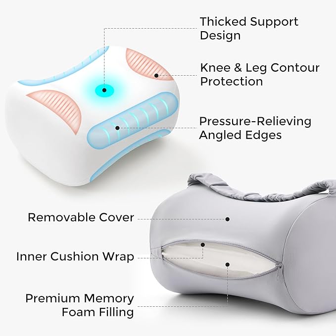 Momcozy Knee Pillow for Side Sleepers with Cooling Cover, Soft Memory Foam Spine Alignment Pregnancy Leg Pillow for Hips, Back, Sciatica Pain, Fixed Strap for Moving, Wider Contact Even Pressure