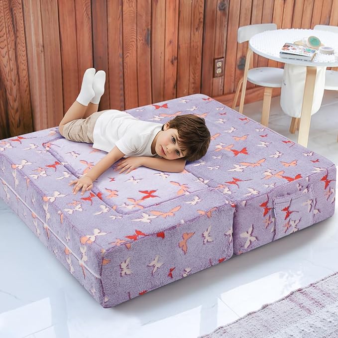 MeMoreCool Kids Modular Couch – Glow-in-The-Dark Butterfly Foam Sofa Bed, Lavender Convertible Toddler/Youth Playroom Sofa-to-Bed