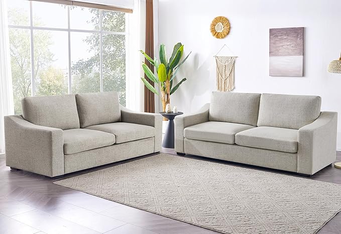ELUCHANG 85" Deep Seat Sofa, Modern Couches for Living Room, 3 Seater Natural Linen Sofa, Upholstered Cushion & Detachable Cover, Comfy Couch for Small Space, Apartment, Oatmeal, 2PCS