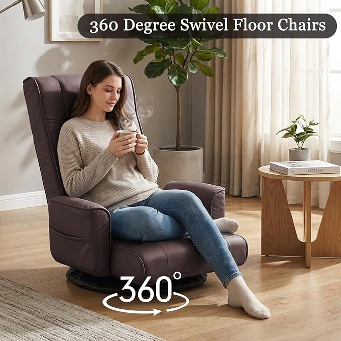 FLOGUOR 360° Swivel Gaming Floor Chair with Armrests – 14-Position Adjustable Folding Floor Sofa Lounger, Padded Backrest, Multi-Angle Recline for Home, Living Room & Office (Brown)