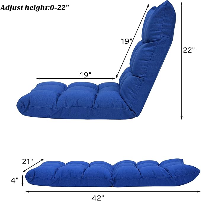 Giantex Adjustable Floor Gaming Sofa Chair 14-Position Cushioned Folding Lazy Recliner High Resilience Sponge, Breathable Cotton & Linen Fabric Sleeper Bed Couch Recliner with Removable Cover (Navy)