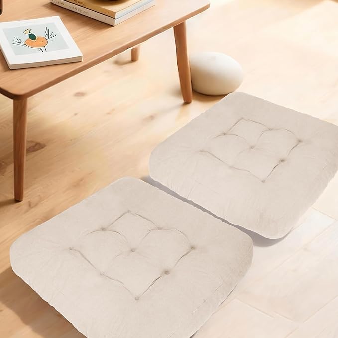Meditation Floor Pillow Set of 2, Square Large Pillows Seating for Adults, Tufted Corduroy Cushion for Tatami Living Room, 22x22 Inch FP-Beige