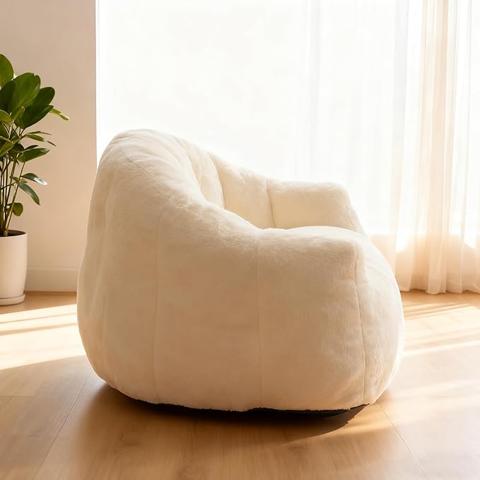 Bean Bag Chair, Giant Beanbag Chiars for Adults and Teens, Faux Fur Shell-Shaped Floor Sofa with Filler, Comfy Chair for Reading, Gaming and Relax (Beige)