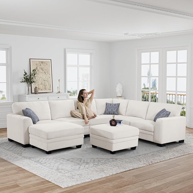 Legend Vansen Oversized Modular Sectional Sofa,8 Seat U Shaped Couch with Ottoman,Corduroy Sofa with Deep Seat,Convertible Large Sectional Couches for Living Room(Cream, U-8)