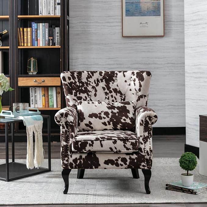 LZAREAL Accent Reading Arm Chairs for Living Room Bedroom, Midcentury Modern Comfy Corner Sofa Chair, Wingback Waiting Room Club Chair with Button Tufted Back &Lumbar Pillow, Fabric Cow