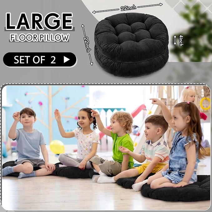 Jerify 2 Pcs Floor Pillow Cushions 22 x 22 Inch Round Square Large Meditation Floor Pillow for Classroom Adult Meditation Picnic Party Seating Learning Daycare School (Round,Black)