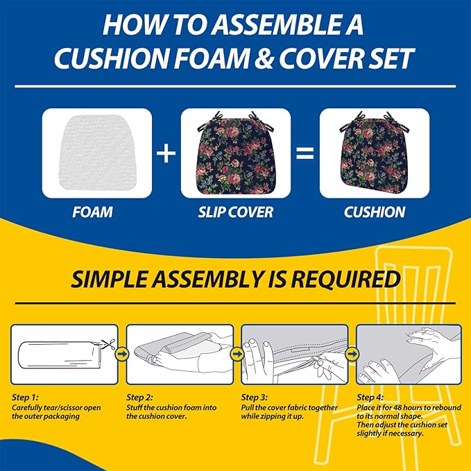 AAAAAcessories D-Shaped Chair Cushions, 2" Thick Dining Chair Pads with Ties and Removable, Machine-Washable Cover, 17" x 16", Set of 8, Night-Blooming Blossoms