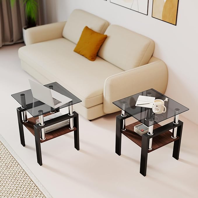Set of 2 Modern Square Tea Tables, Tempered Glass Coffee and End Tables with MDF Layer for Living Room, Gray/Black