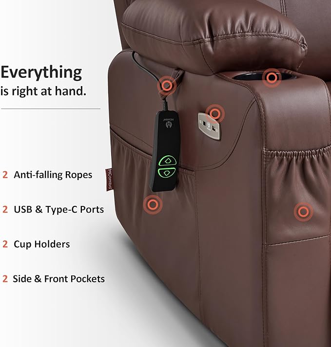 MCombo Large Power Lift Recliner Chair with Massage and Heat for Tall Elderly People, 3 Positions, Cup Holders, and USB Ports, Faux Leather 7516 (Large, Light Brown)