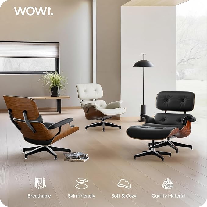Top White Grain Leather, Mid Century Chaise Lounge Chair and Ottoman, Modern Chair Classic Design, Walnut Wood, Heavy Duty Base Support for Living Room Office