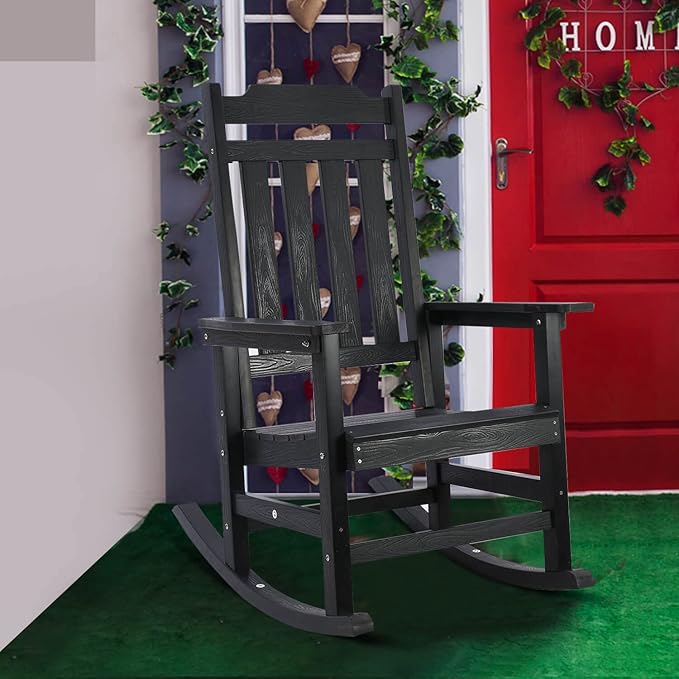 hOmeQomi Rocking Chair, All Weather Resistant Poly Lumber Outdoor Porch Rocker, Rocking Chairs for Outdoor, Indoor, Patio, Deck, Garden, Backyard, Load Bearing 380 lbs - Black