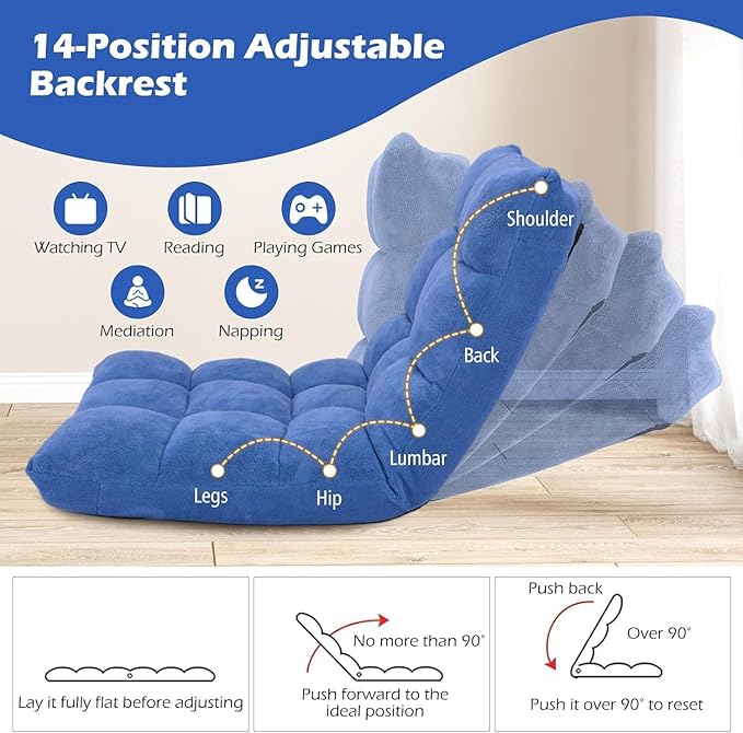 KOMFOTT 14-Position Adjustable Floor Chair with Back Support - Folding Padded Gaming Sofa Chair for Reading, Meditation, Living Room Lazy Lounge, Video Gaming - Blue