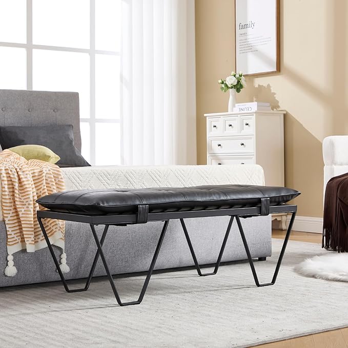 RIVOVA Modern Removable Tufted Upholstered Entryway Bench, 48-Inch Contemporary Indoor Ottoman Bench with Slatted Metal Frame, Black Leather Bench for Bedroom End of Bed, Dining, Hallway, Living Room
