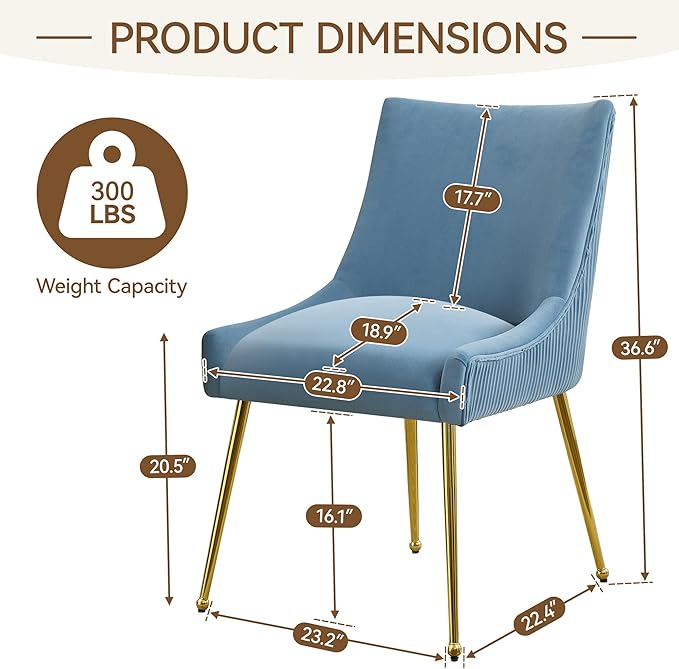 WUTUTUEE Velvet Dining Chairs Set of 6 Gold Legs,Upholstered Velvet Accent Chairs, Pleated Back Design & Gold Pull Handle, Mid Century Modern Chairs for Dining/Kitchen/Living Room,Light Blue