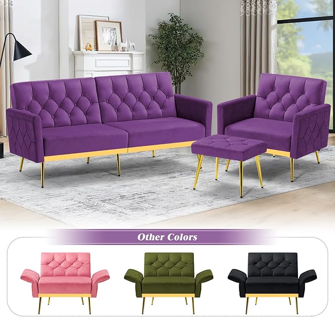 ACMEASE Velvet Accent Chair w/Adjustable Armrests and Backrests, Tufted Single Sofa with Ottoman, Upholstered Reading Chiar for Living Room, Apartment, Bedroom, Purple