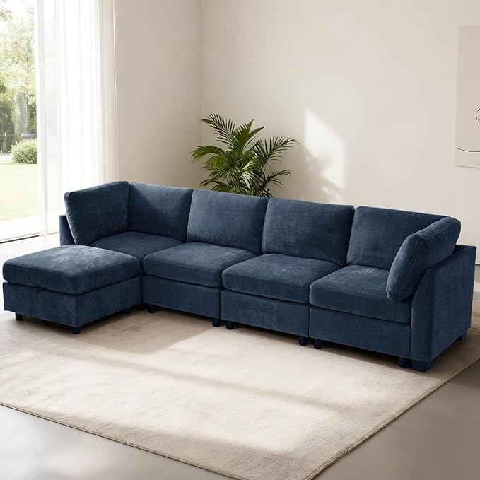 EDILLY 122 inches Oversized Modular Sectional Fabric Cloud Sofa Set, Extra Large L Shaped Couch Reversible Chaise Couch,4 Seat Modular Sofa with Storage Ottoman, Blue