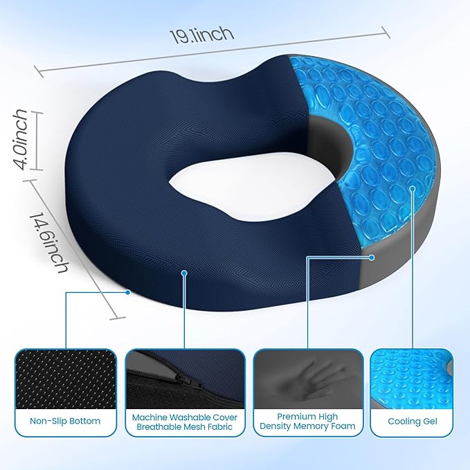 Donut Pillow Seat Cushion - Cooling Gel Floor Pillow, Memory Foam Floor Cushion for Office & Home, Car Seat, Hemorrhoids Pillow, Sciatica & Tailbone Pain Relief Chair Cushion, Blue-XXL