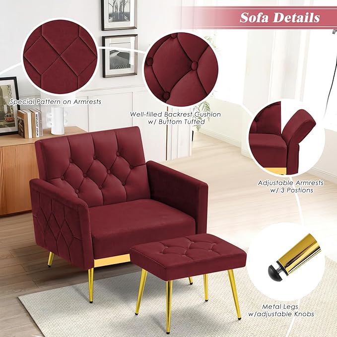 ACMEASE Velvet Accent Chair w/Adjustable Armrests and Backrests, Tufted Single Sofa with Ottoman, Upholstered Reading Chiar for Living Room, Apartment, Bedroom, Red