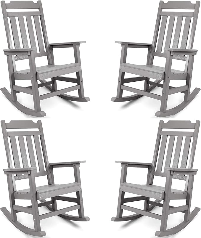 hOmeQomi Rocking Chairs Set of 4, All Weather Resistant Poly Lumber Outdoor Porch Rocker, Rocking Chairs for Outdoor, Indoor, Patio, Deck, Garden, Backyard, Load Bearing 380 lbs - Grey