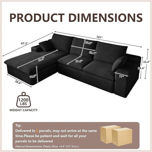 107 Inch Cloud Sectional Couch, Modern Modular Sectional Sofa with L-Shape Chaise, Corduroy Boneless Couches with Deep Seat for Living Room Bedroom, No Assembly Required (Black, Left Facing Chaise)