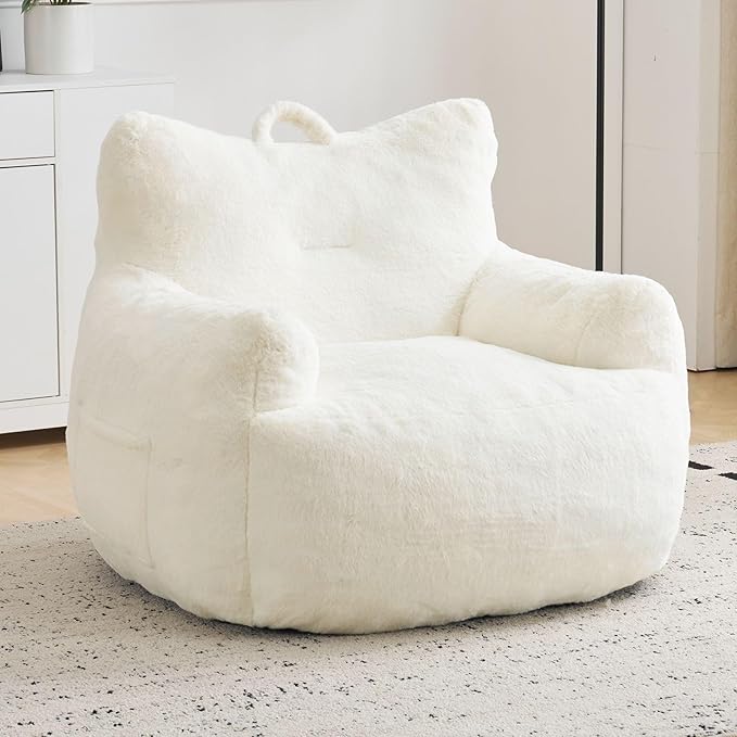 Giant Bean Bag Chair for Adults, Oversized Bean Bag with Filling Plush Fluffy,BeanBag Lazy Sofa Couch with Armrest for Living Room, Cat Shaped Beanbag Couch with Sidepocket for Bedroom,Beige