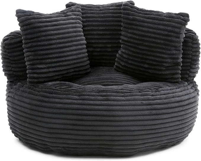 Bean Bag Chair, Corduroy Oversized Chair for Adults, Comfy Big Accent Sofa Lounge Floor Chair, Stuffed Bean Bag Couch for Gaming, Reading, Living Room, Bedroom, Black