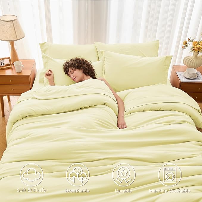 MUXHOMO 5 Pieces Twin XL Comforter Set, Soft Bed in a Bag Twin XL Size, All Season Bedding Set with Comforter, Flat Sheet, Fitted Sheet, Pillowcases & Shams, Cream Yellow