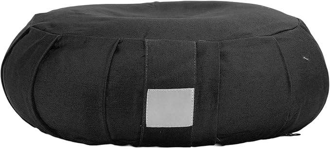 Ymiko Buckwheat Hull Meditation Pillow with Cotton Cover, Yoga Sitting Cushion for Floor Use, Kneeling Support with Carry Handle (Black)