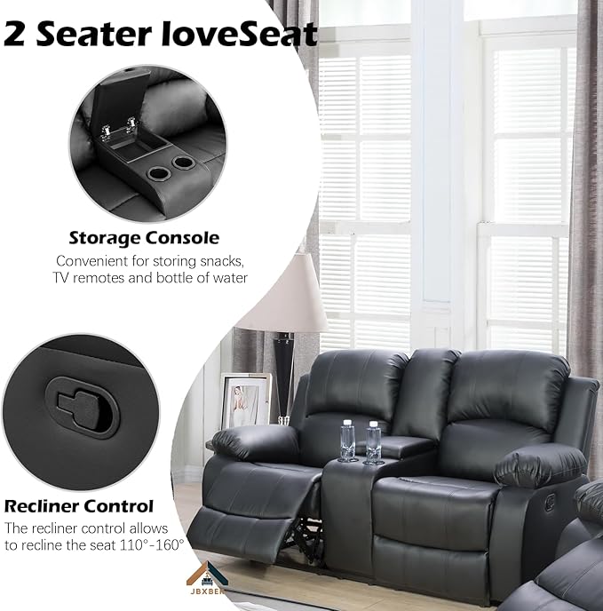 JBXBER Manual Recliner Sofa Set for Living Room, Leather Reclining Sofa Sets, Faux Leather Couch Set with Cup Holders, Drop-Down Table and Storage Console(3 Piece Set,Black)